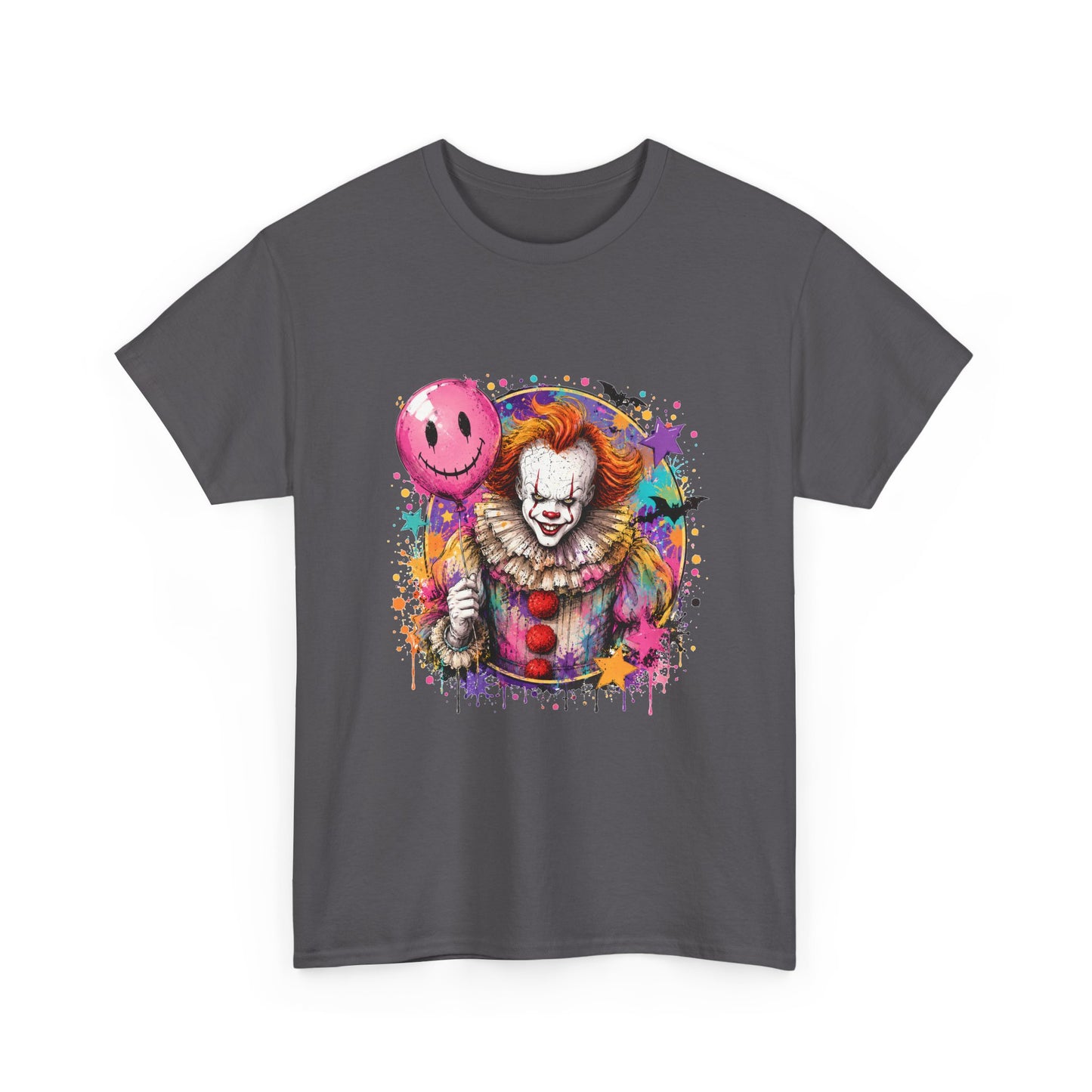 Clown Horror Graphic Tee — Colorful Scary Clown with Pink Balloon