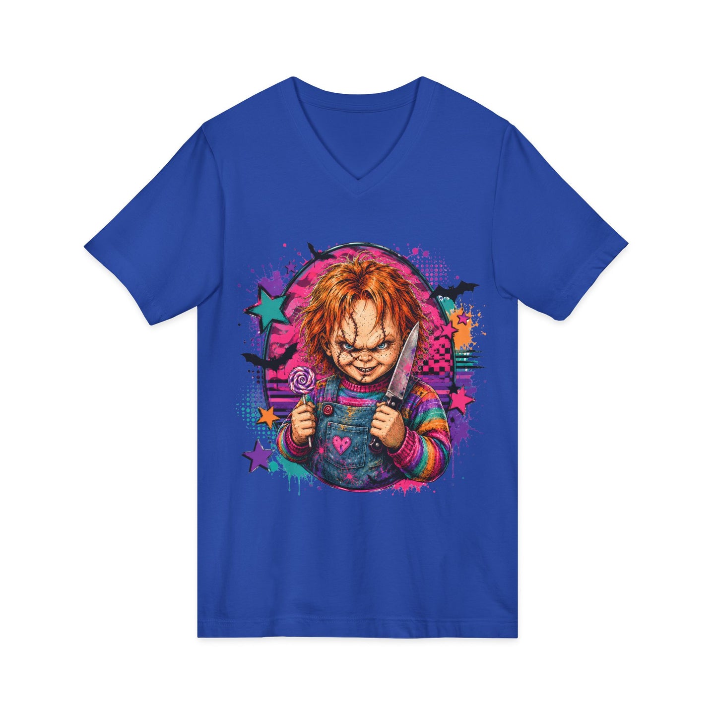 Horror Doll V-Neck Tee — Colorful Creepy Chucky Graphic Shirt