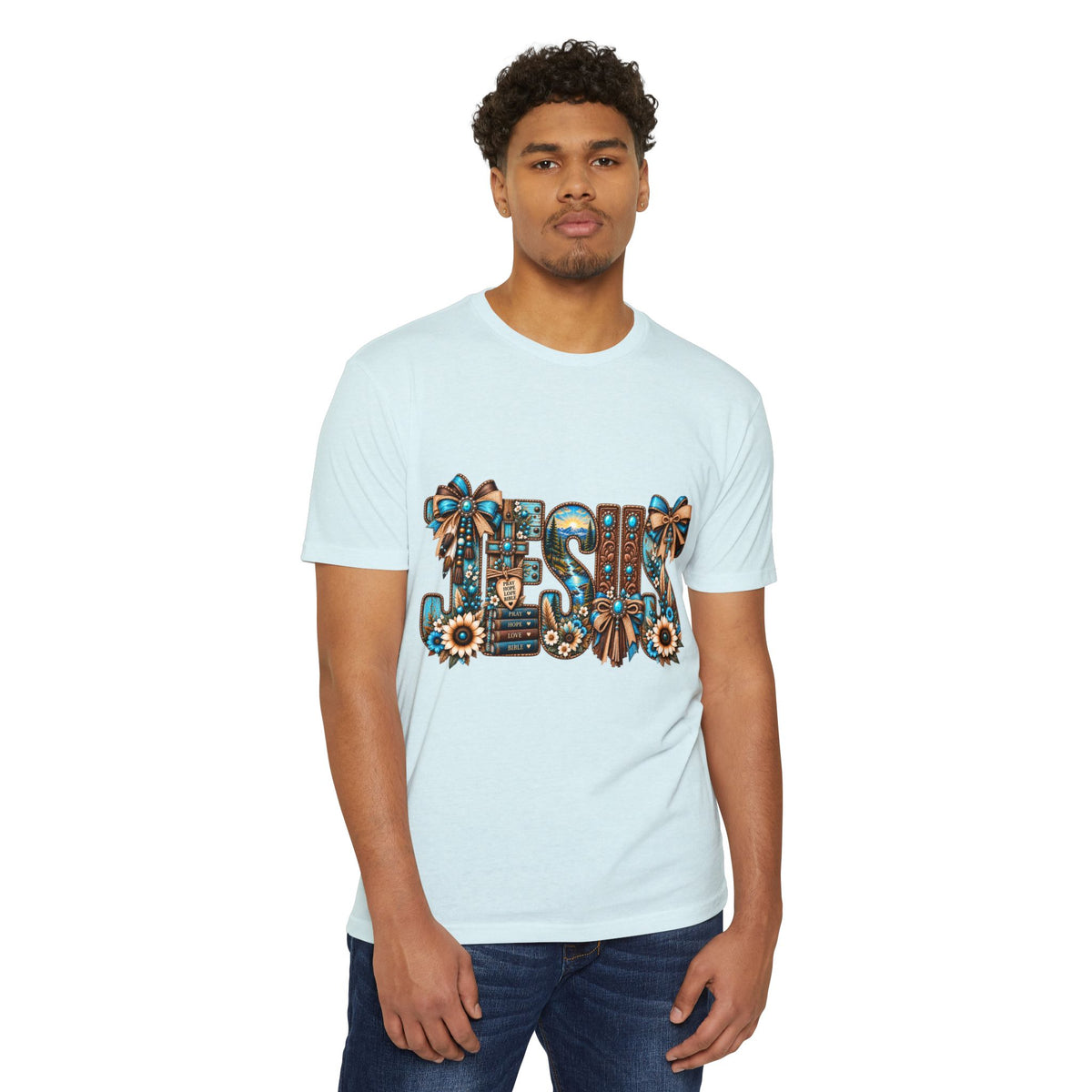 Jesus Floral Graphic T-Shirt — Decorative Faith Tee with Bows & Sunflowers