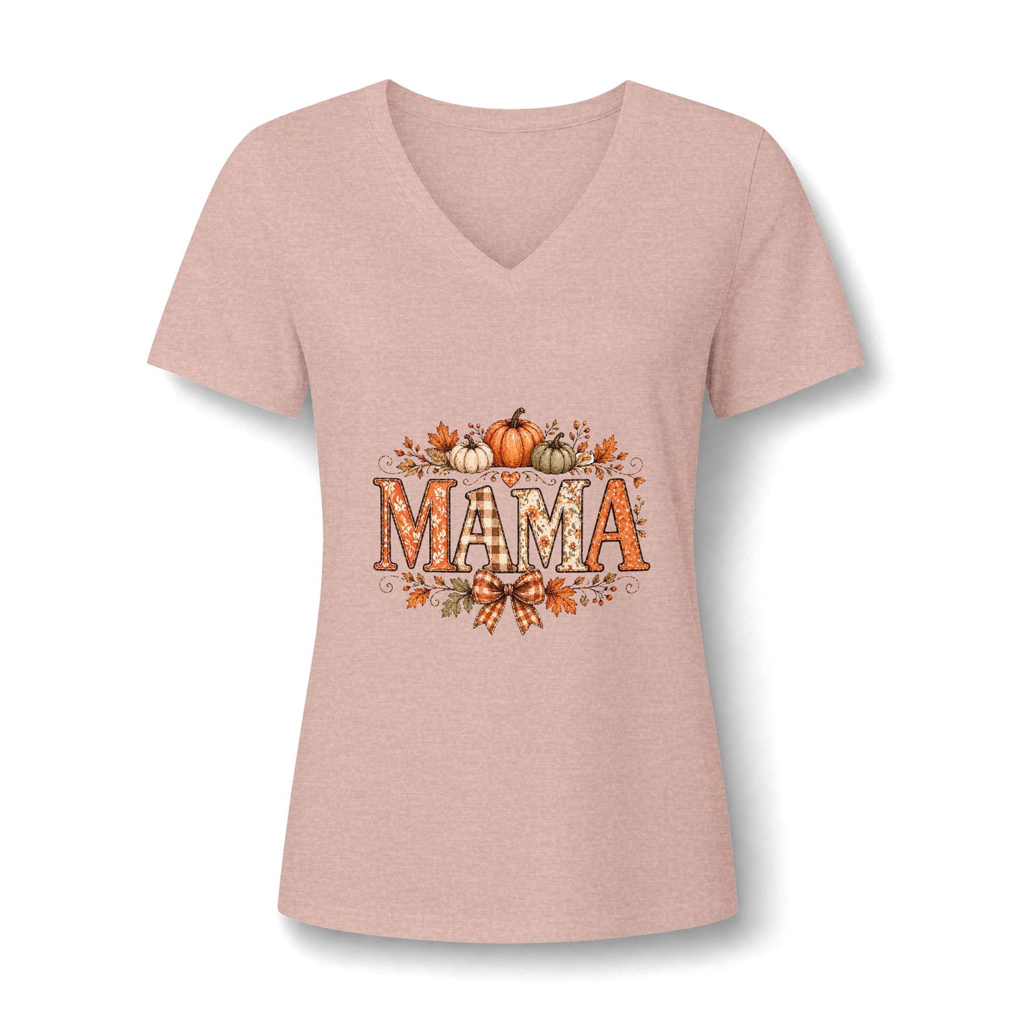 Mama Fall V-Neck Tee — Pumpkin & Autumn Leaves Graphic