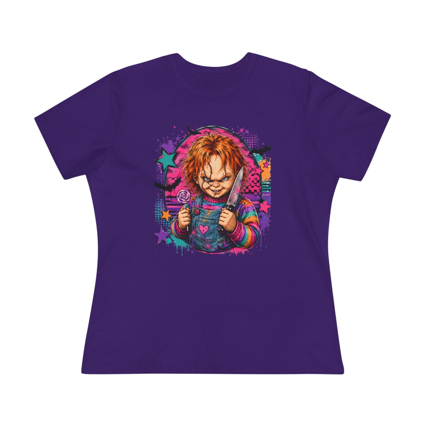 Chucky Horror Graphic Tee — Retro Neon Killer Doll Shirt for Women