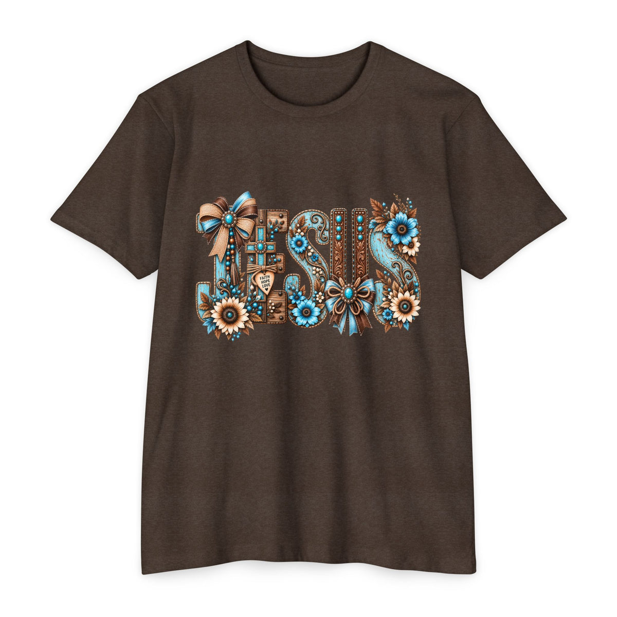 Jesus Floral Typography T-Shirt — Rustic Blue & Brown Christian Tee