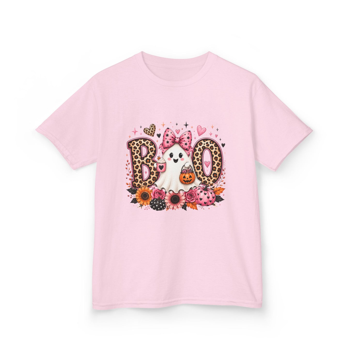 Kids' Halloween 'Boo' Ghost Tee — Cute Leopard Print & Floral Costume Shirt