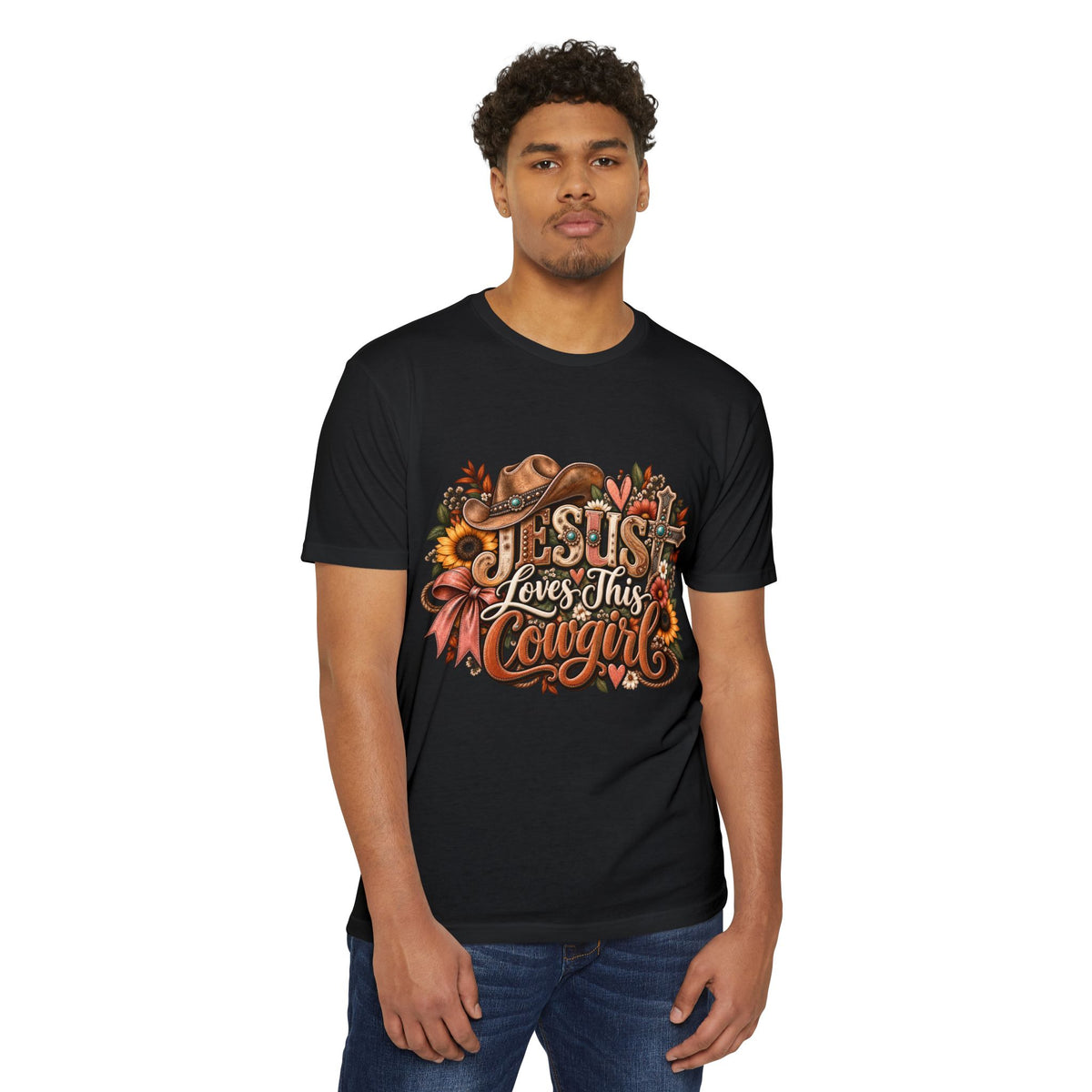 Jesus Loves This Cowgirl T-Shirt — Western Christian Graphic Tee with Sunflowers & Cowboy Hat