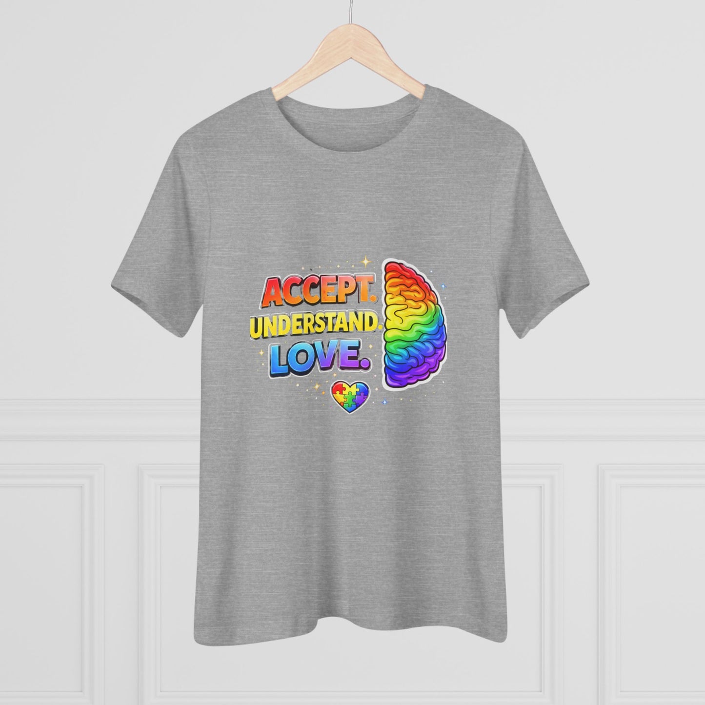 Accept Understand Love Rainbow Brain Women's Tee — LGBTQ+ Pride Mental Health Awareness Shirt