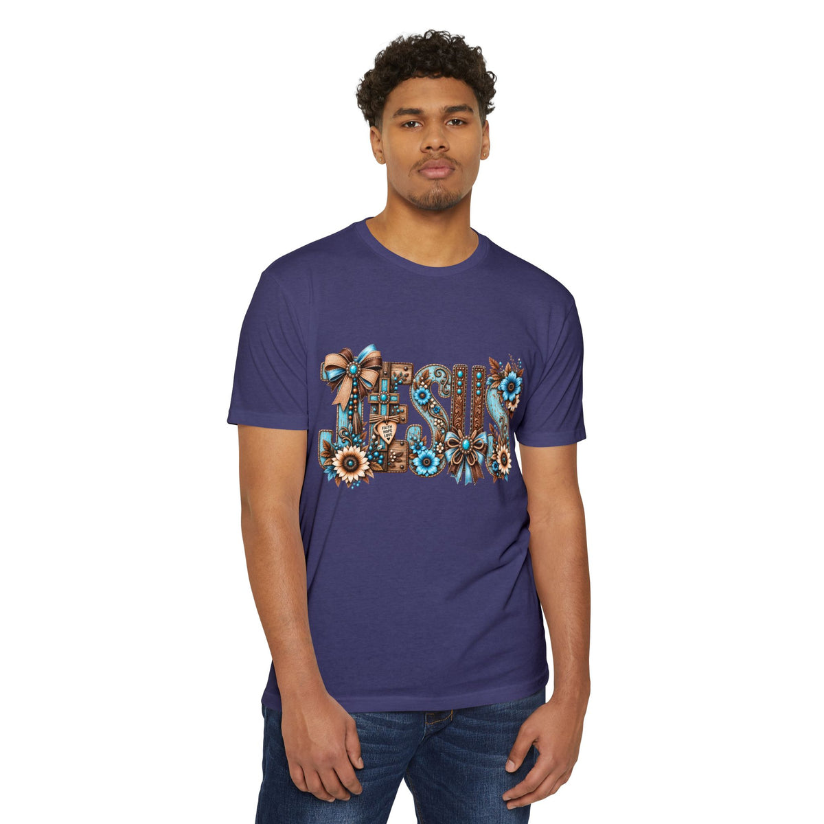 Jesus Floral Typography T-Shirt — Rustic Blue & Brown Christian Tee