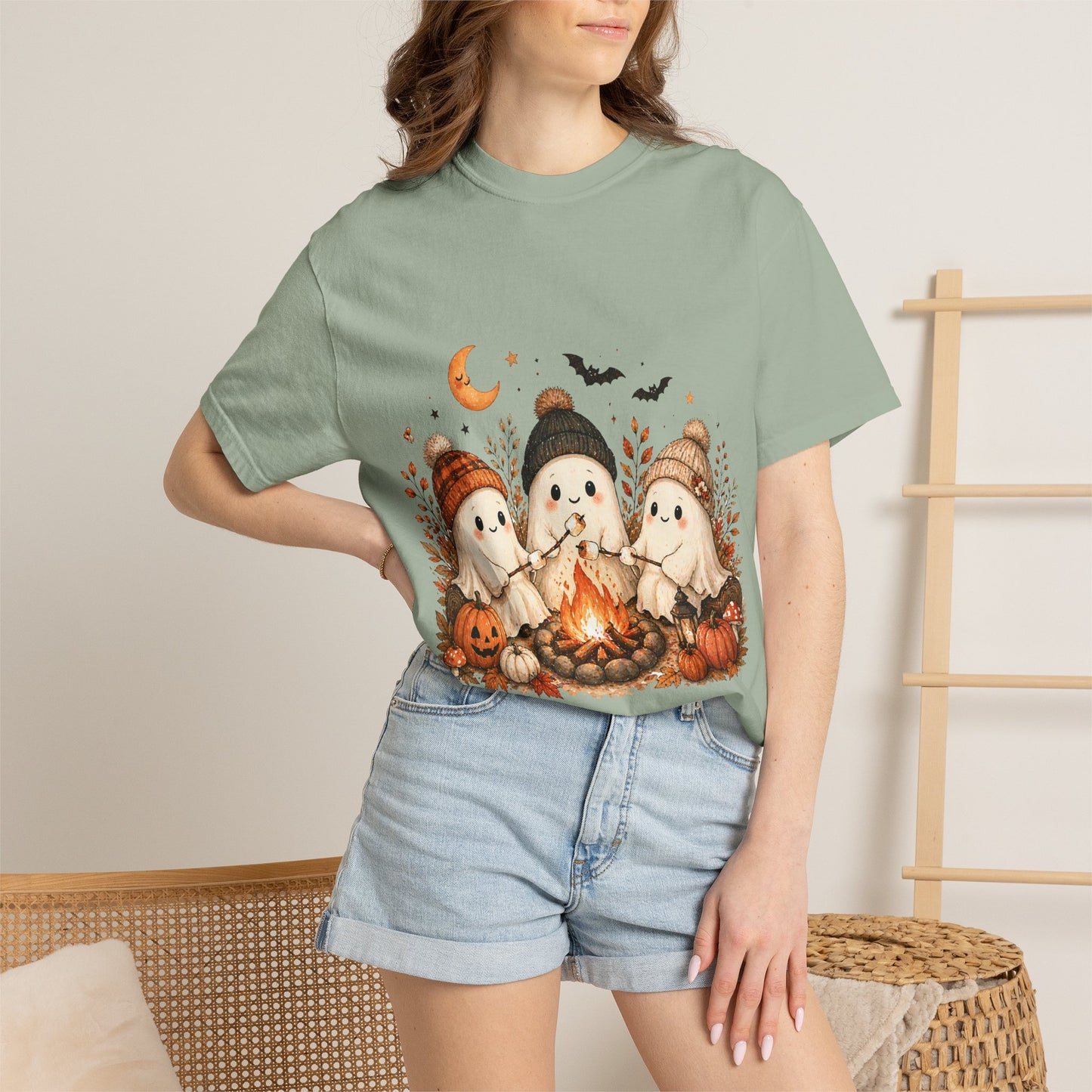 Halloween Ghost Trio Campfire T-Shirt — Cute Spooky Pumpkin Tee