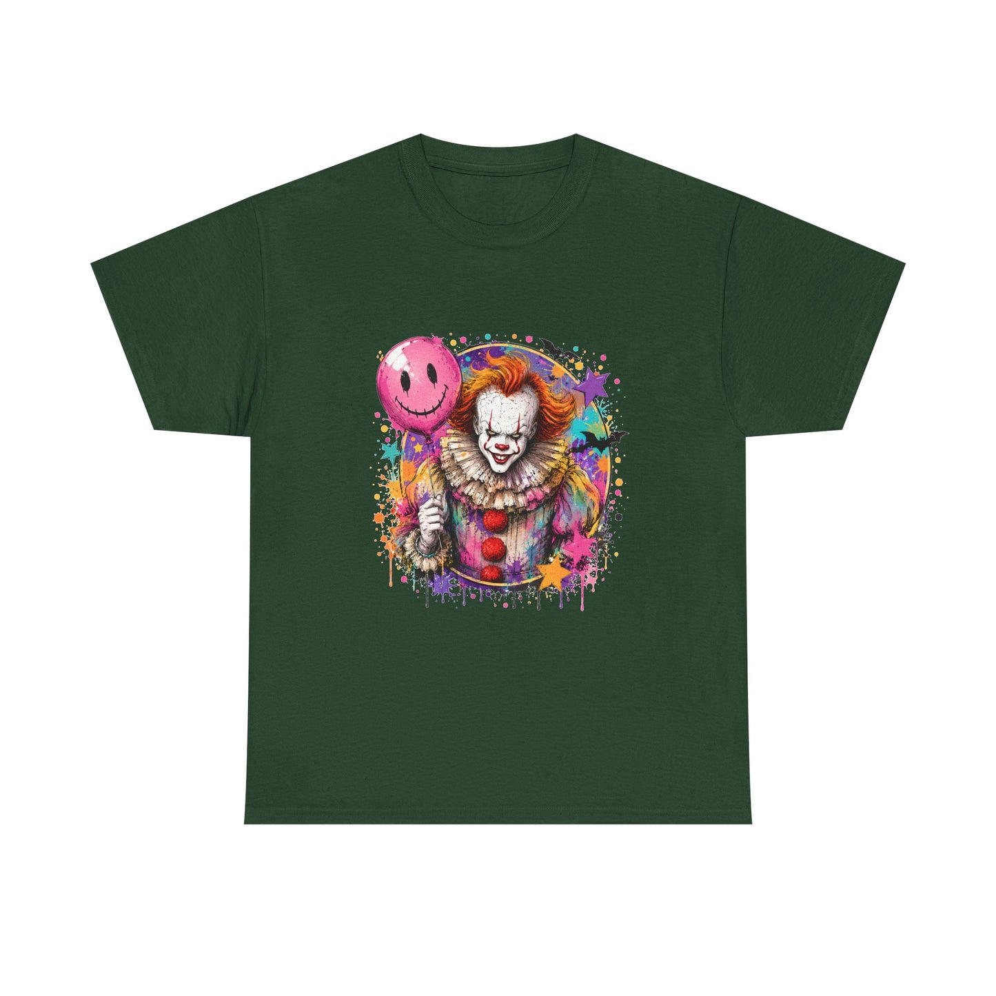 Clown Horror Graphic Tee — Colorful Scary Clown with Pink Balloon