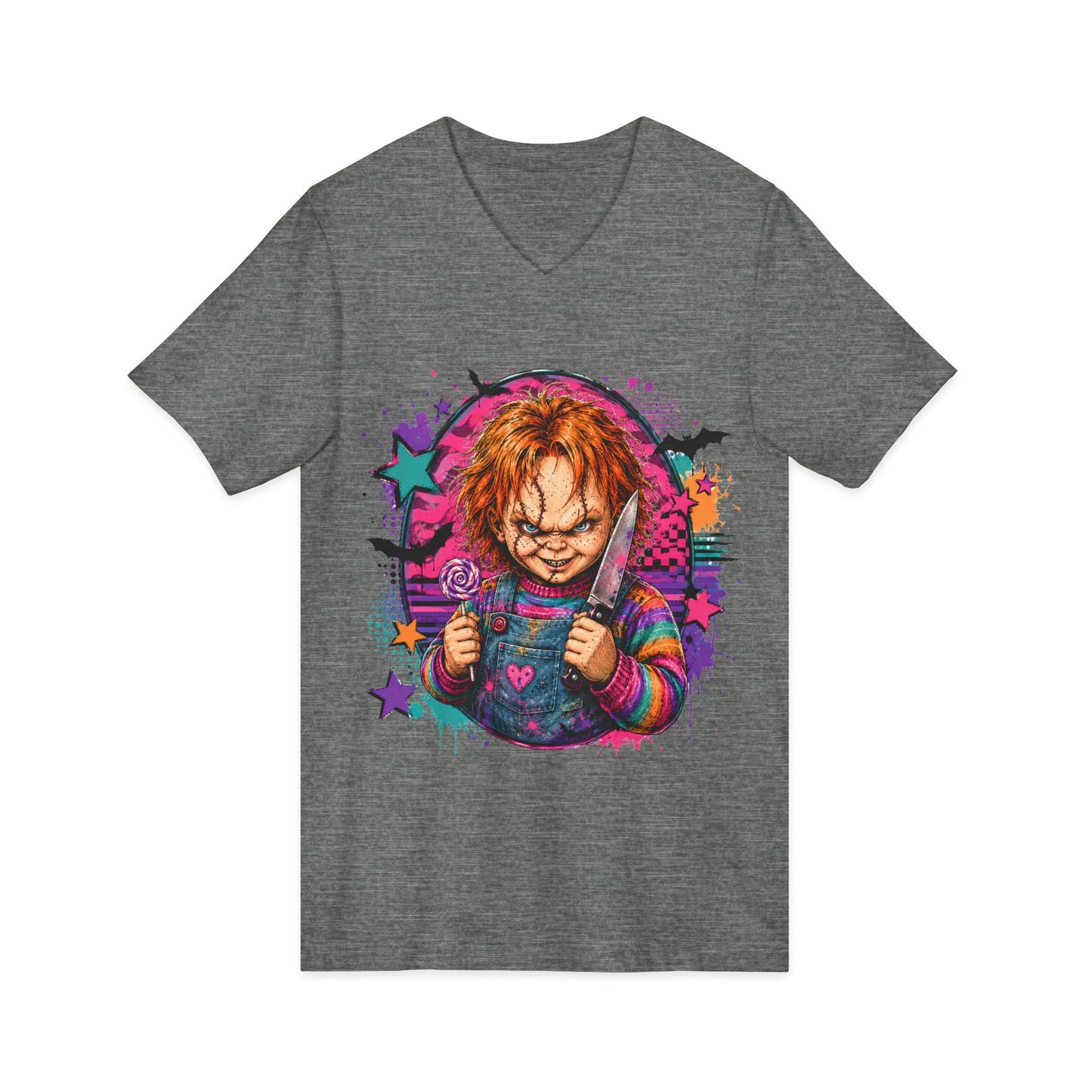 Horror Doll V-Neck Tee — Colorful Creepy Chucky Graphic Shirt