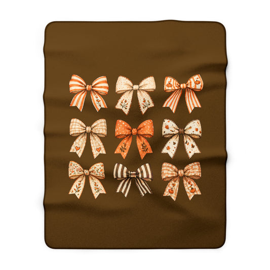 Cozy Autumn Bow Sherpa Blanket — Rustic Orange & Brown Holiday Throw