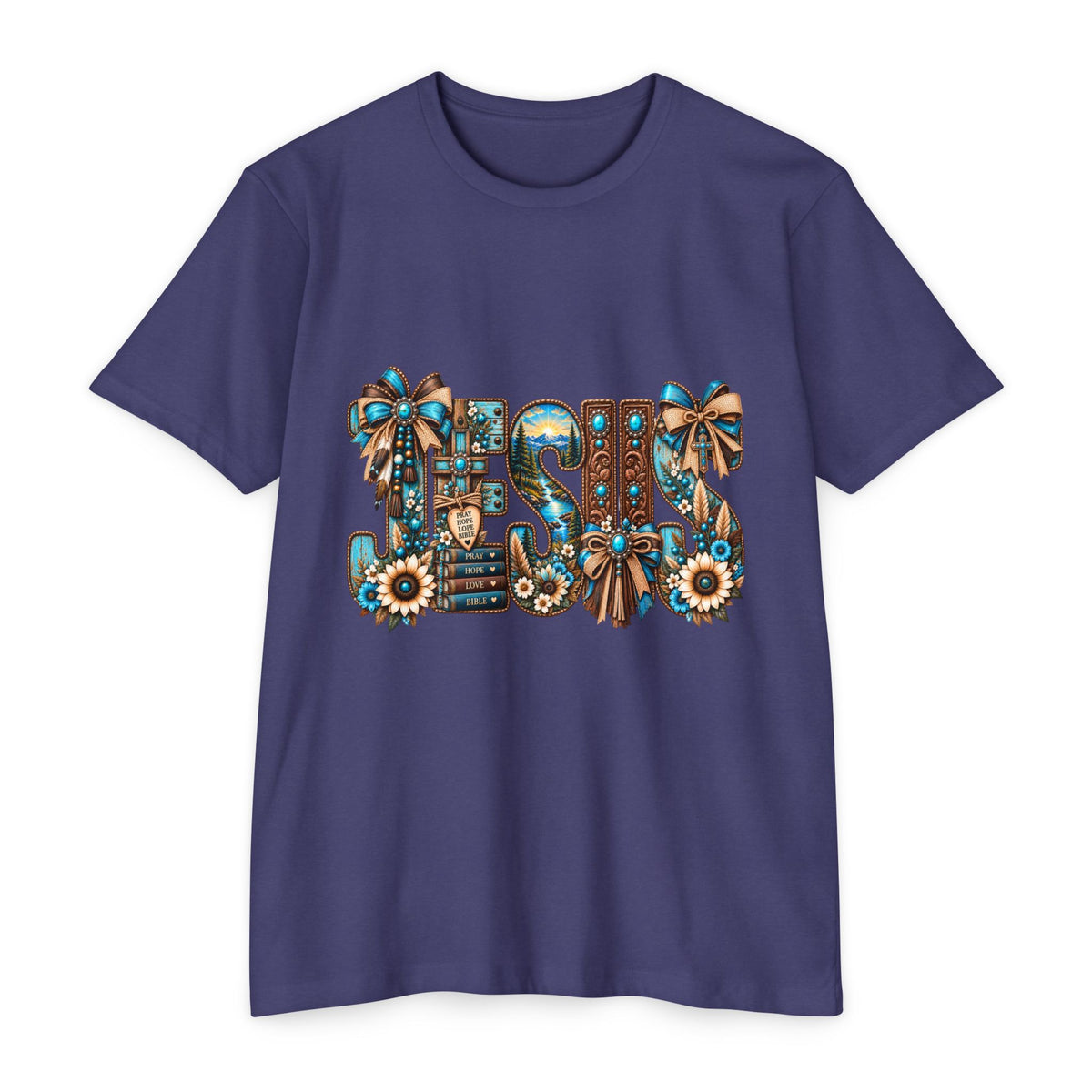 Jesus Floral Graphic T-Shirt — Decorative Faith Tee with Bows & Sunflowers