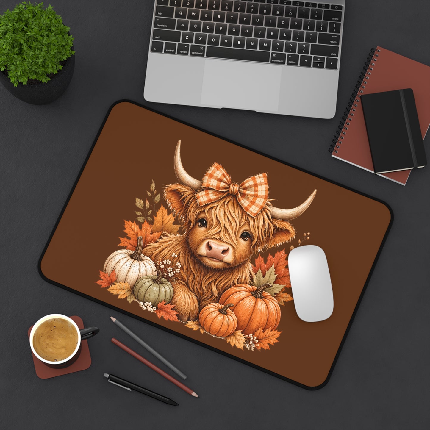 Autumn Highland Cow Desk Mat — Fall Pumpkin & Plaid Bow Mouse Pad