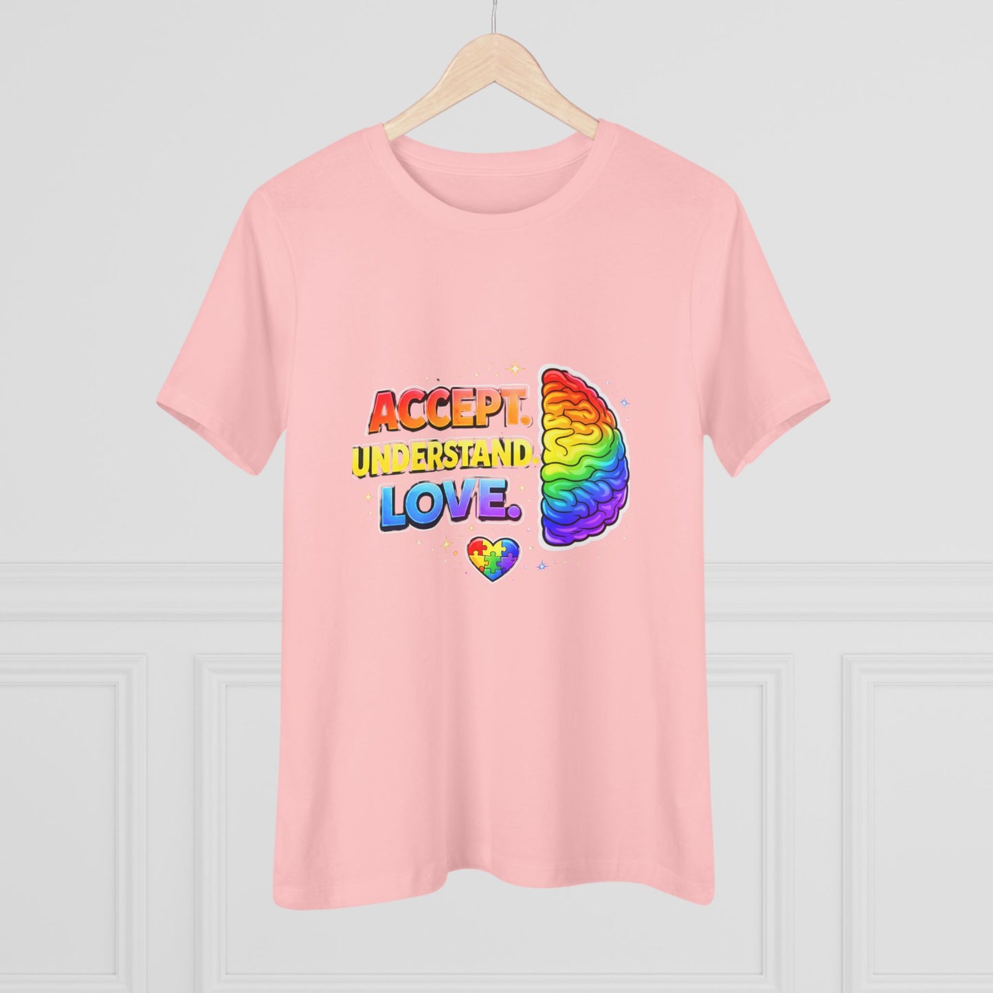 Accept Understand Love Rainbow Brain Women's Tee — LGBTQ+ Pride Mental Health Awareness Shirt