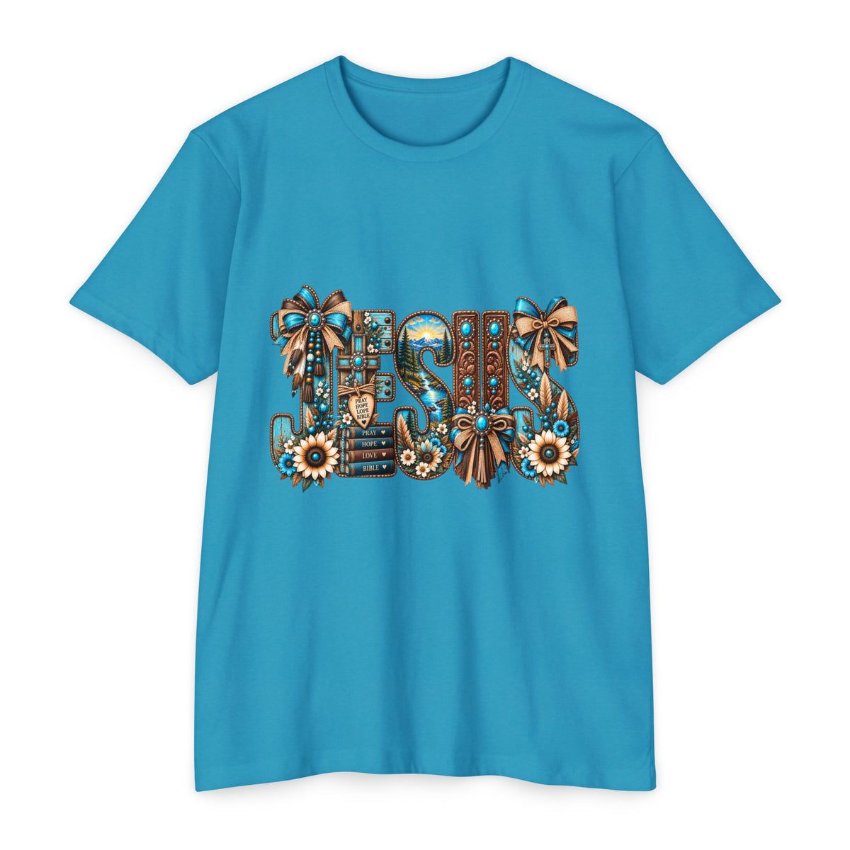 Jesus Floral Graphic T-Shirt — Decorative Faith Tee with Bows & Sunflowers