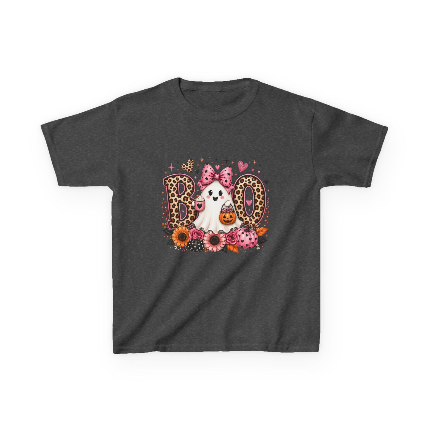 Kids' Halloween 'Boo' Ghost Tee — Cute Leopard Print & Floral Costume Shirt