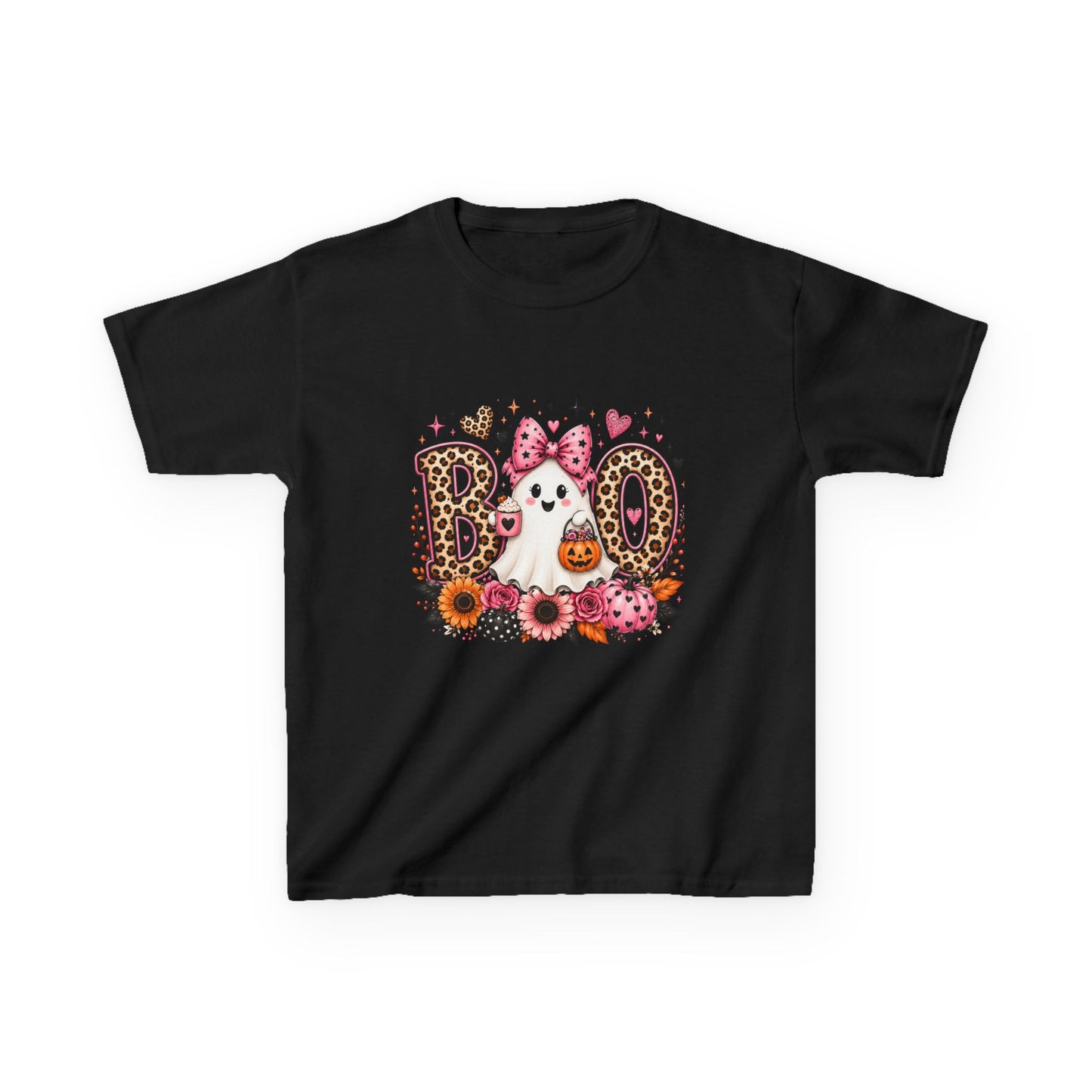 Kids' Halloween 'Boo' Ghost Tee — Cute Leopard Print & Floral Costume Shirt