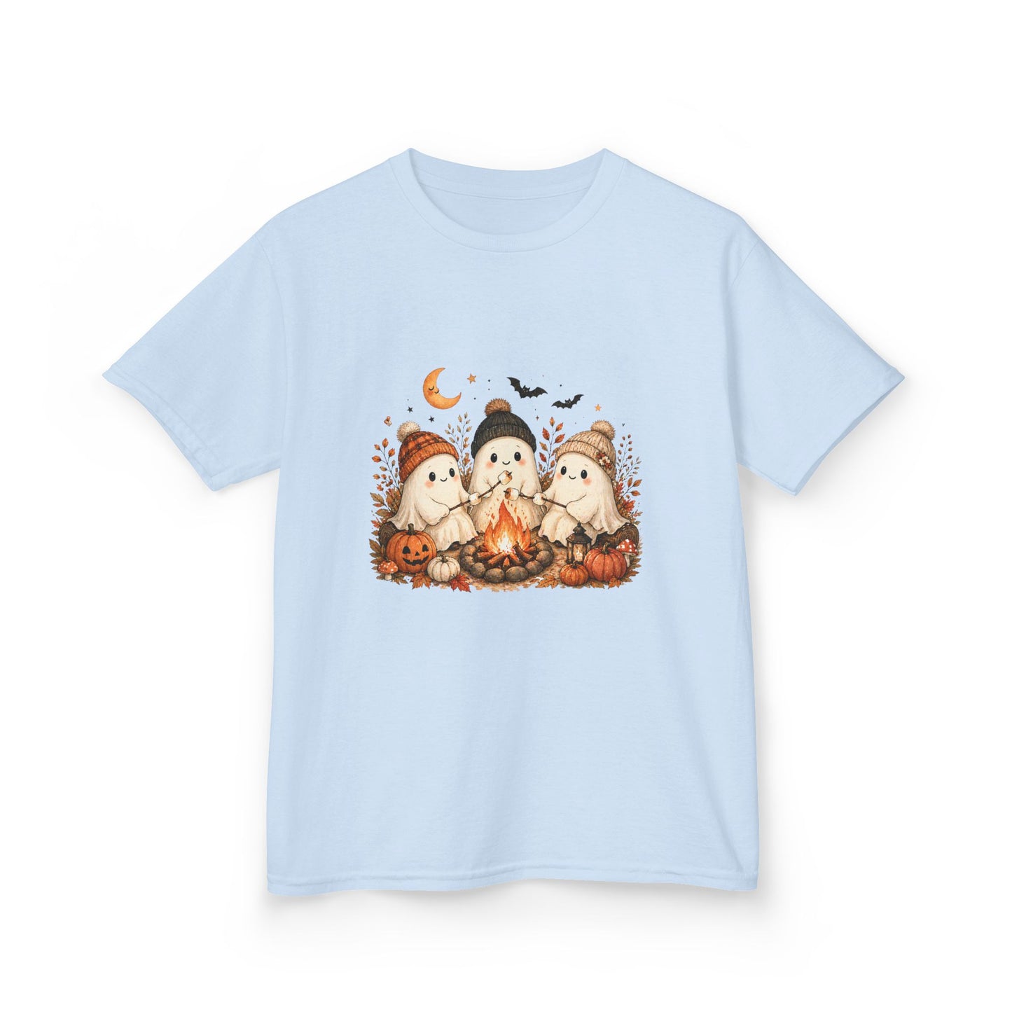 Kids Tee — Cute Halloween Ghosts Campfire Design (Pumpkins, Moon & Bats)