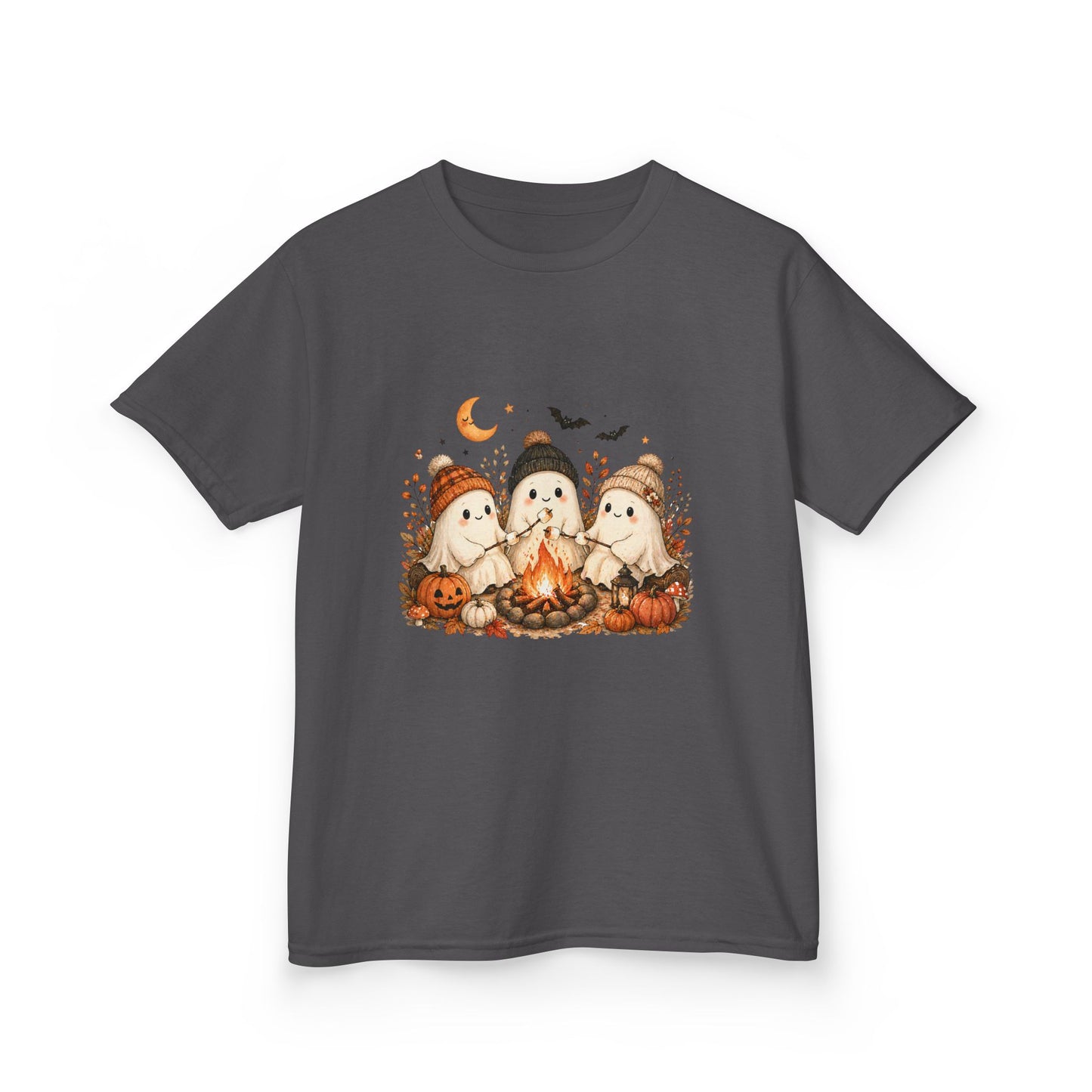 Kids Tee — Cute Halloween Ghosts Campfire Design (Pumpkins, Moon & Bats)