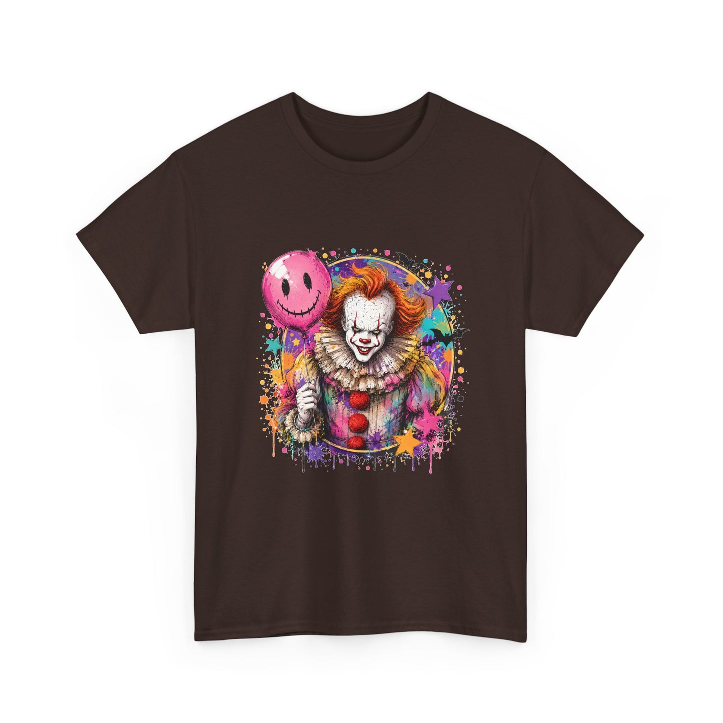 Clown Horror Graphic Tee — Colorful Scary Clown with Pink Balloon