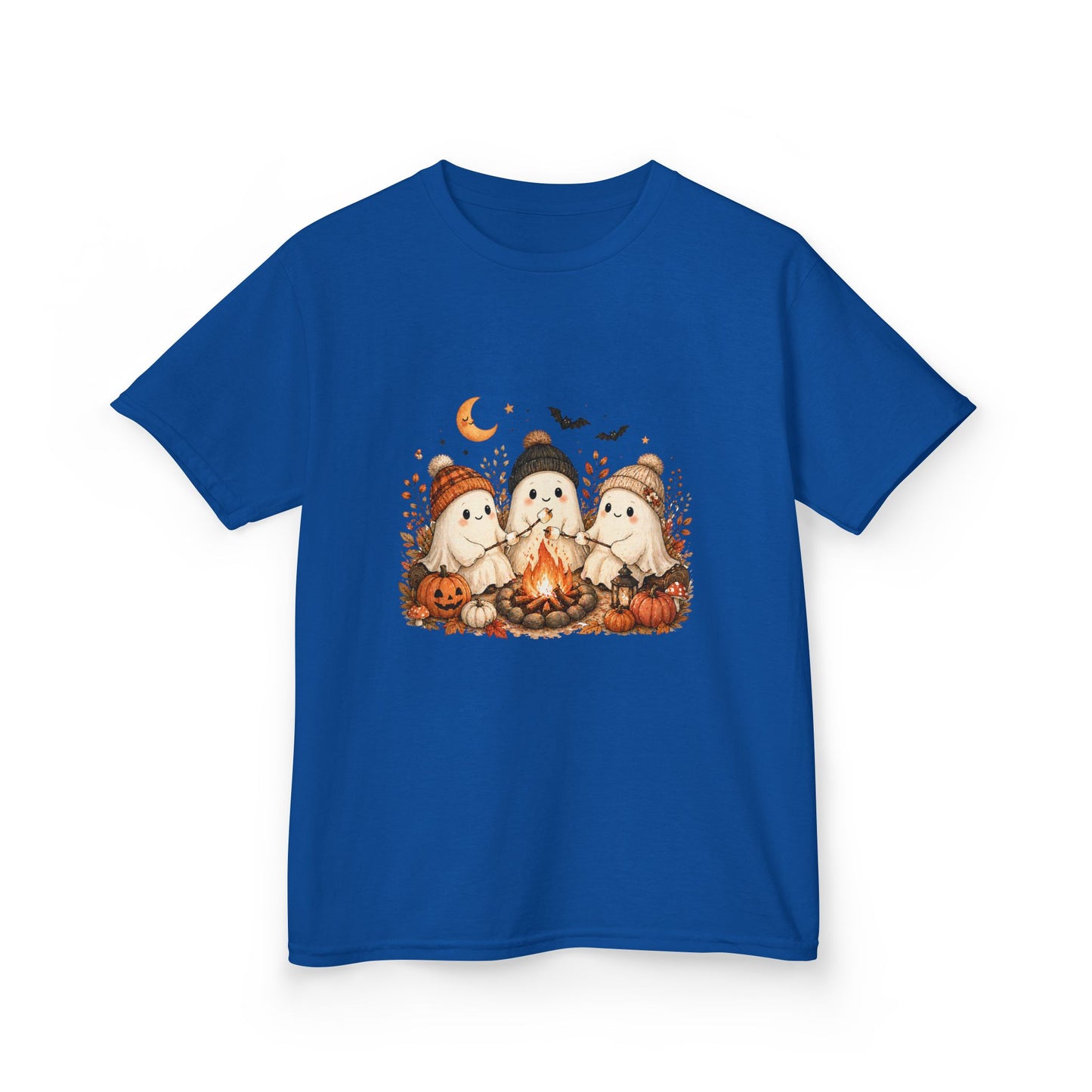 Kids Tee — Cute Halloween Ghosts Campfire Design (Pumpkins, Moon & Bats)