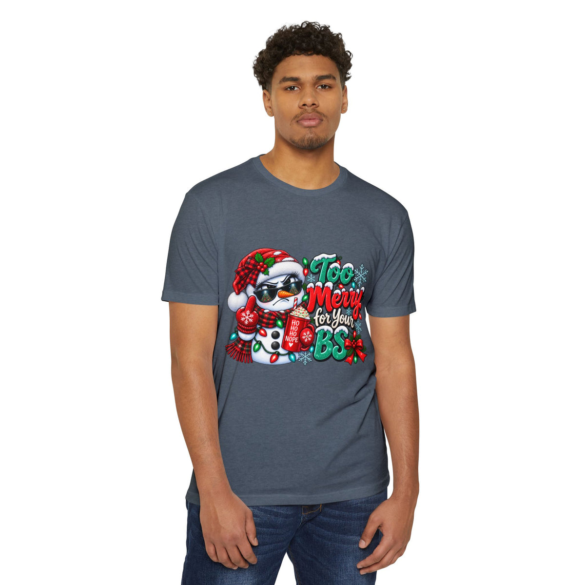 Christmas Penguin T‑Shirt — "Too Merry for Your BS" Funny Holiday Tee