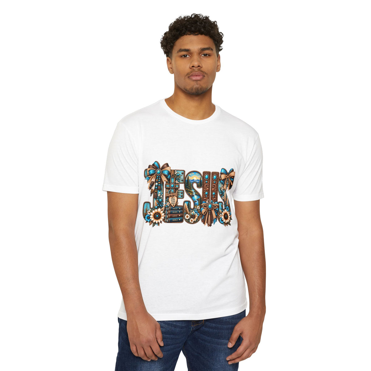 Jesus Floral Graphic T-Shirt — Decorative Faith Tee with Bows & Sunflowers