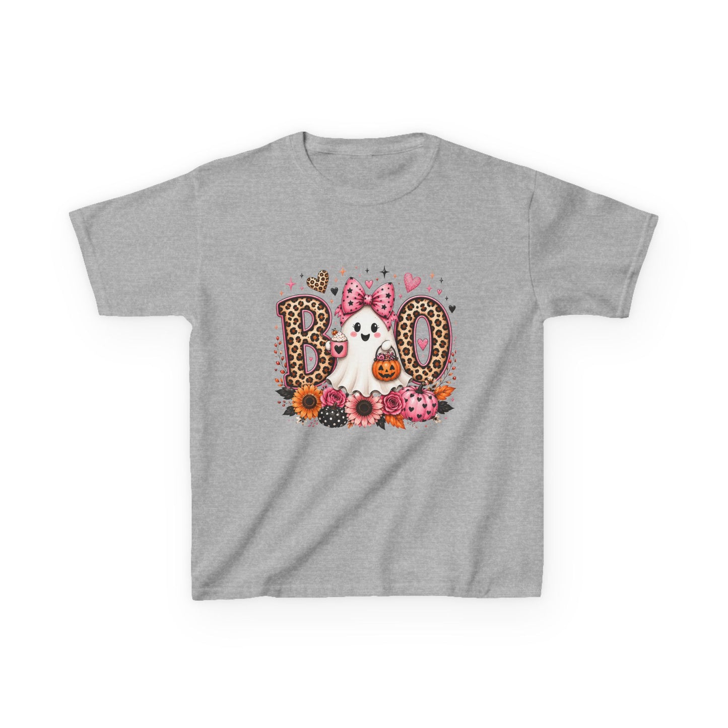 Kids' Halloween 'Boo' Ghost Tee — Cute Leopard Print & Floral Costume Shirt