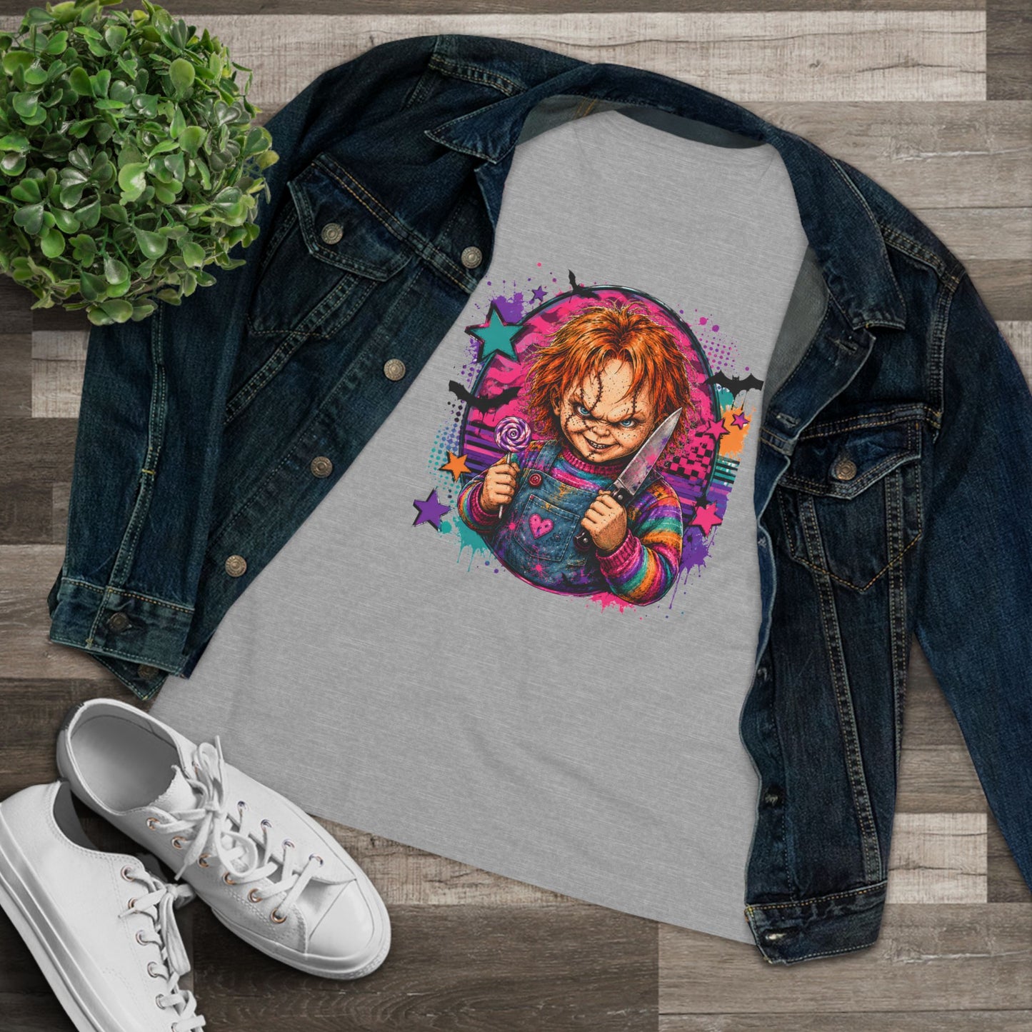 Chucky Horror Graphic Tee — Retro Neon Killer Doll Shirt for Women
