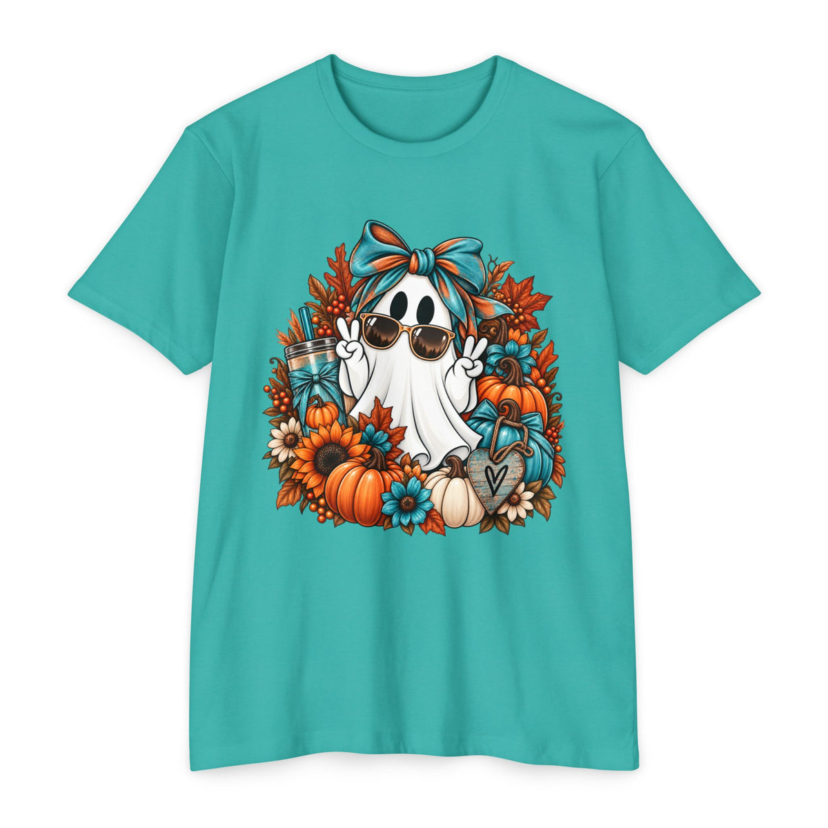 Cute Fall Ghost T-Shirt — Halloween Pumpkin & Floral Graphic Tee