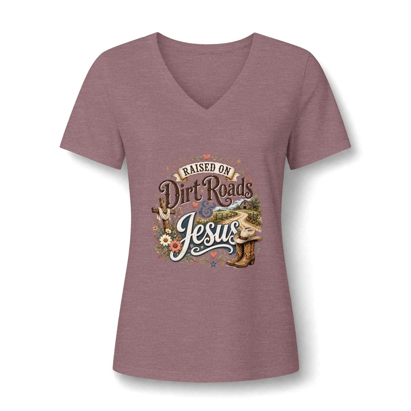 V-Neck Tee — "Raised on Dirt Roads & Jesus" Graphic Women’s Shirt