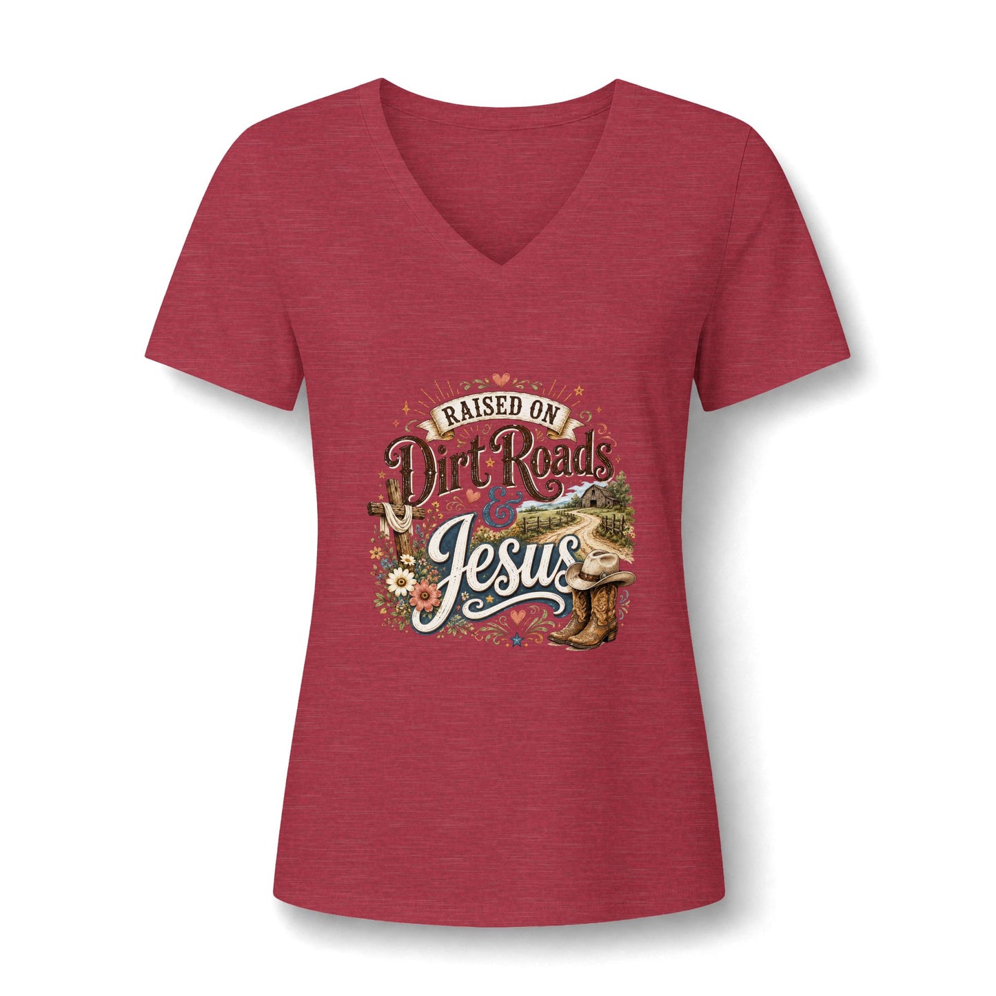 V-Neck Tee — "Raised on Dirt Roads & Jesus" Graphic Women’s Shirt