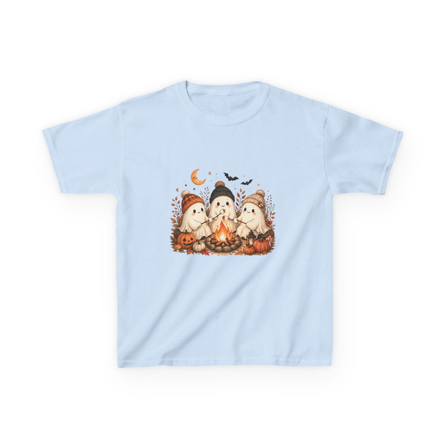 Kids Tee — Cute Halloween Ghosts Campfire Design (Pumpkins, Moon & Bats)