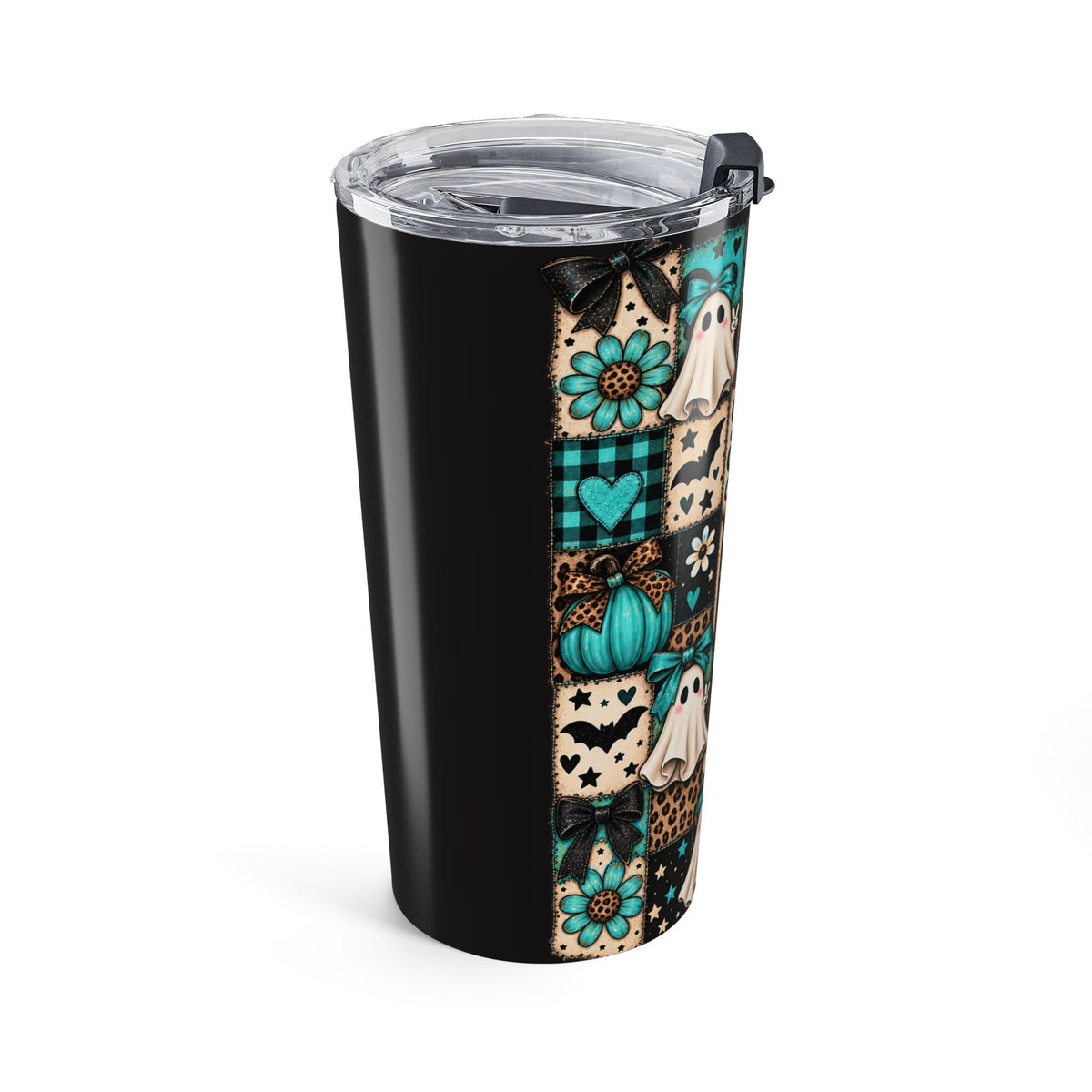 20oz Halloween Ghost Pattern Tumbler — "Spooky Season" Teal Plaid Travel Cup