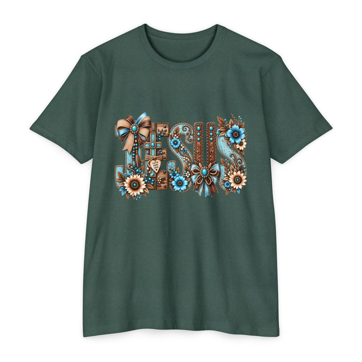 Jesus Floral Typography T-Shirt — Rustic Blue & Brown Christian Tee