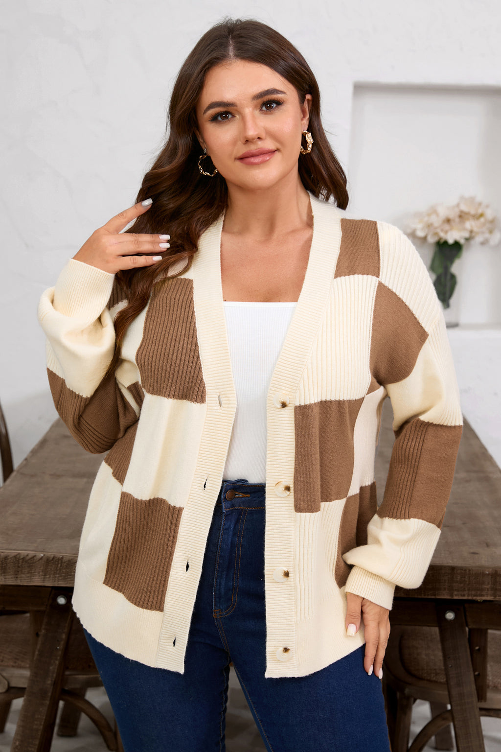 Khaki Checkered Ribbed Texture Knit Plus Size Cardigan Sweater