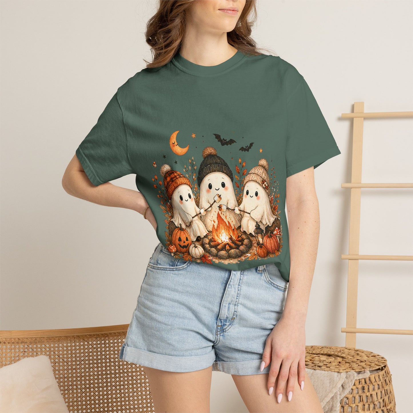 Halloween Ghost Trio Campfire T-Shirt — Cute Spooky Pumpkin Tee