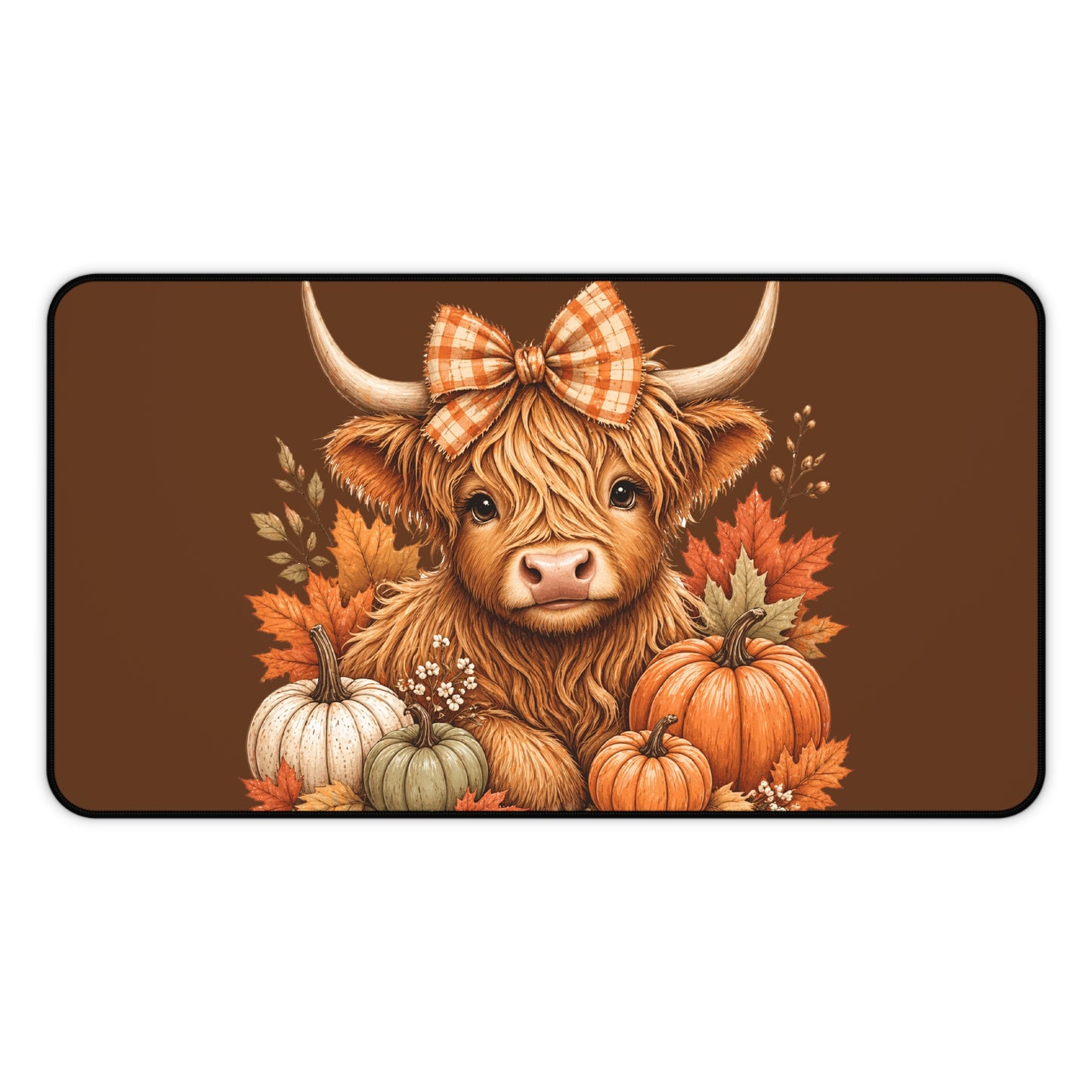 Autumn Highland Cow Desk Mat — Fall Pumpkin & Plaid Bow Mouse Pad