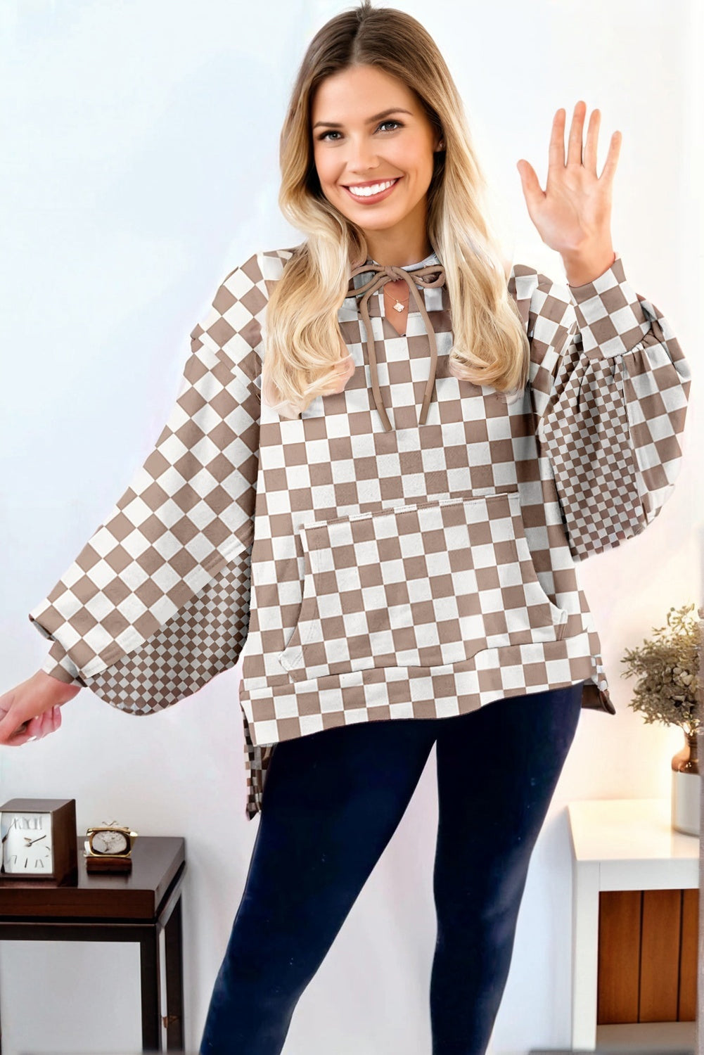 Khaki Double Checkered Patchwork Tie Neck Oversize Hoodie