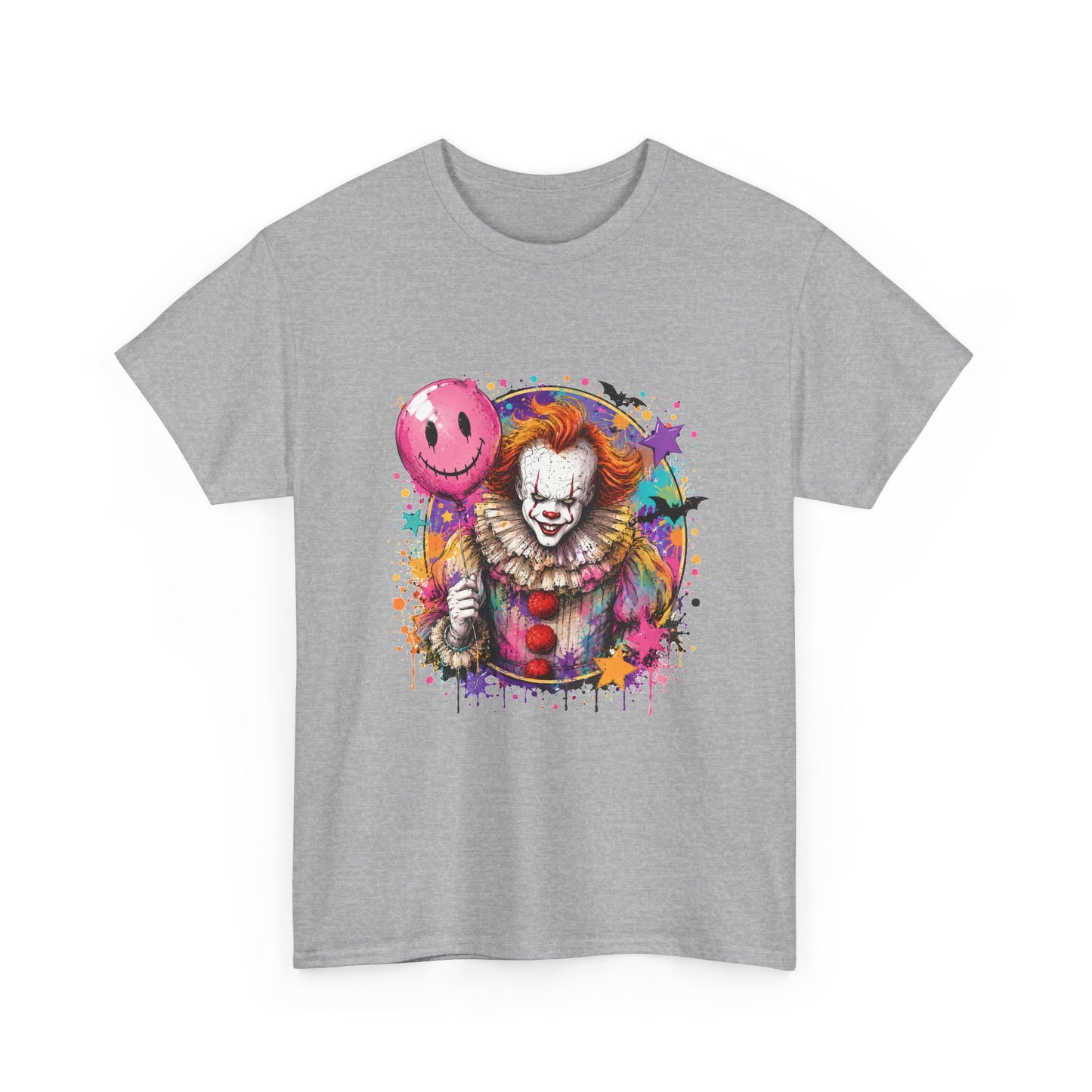 Clown Horror Graphic Tee — Colorful Scary Clown with Pink Balloon