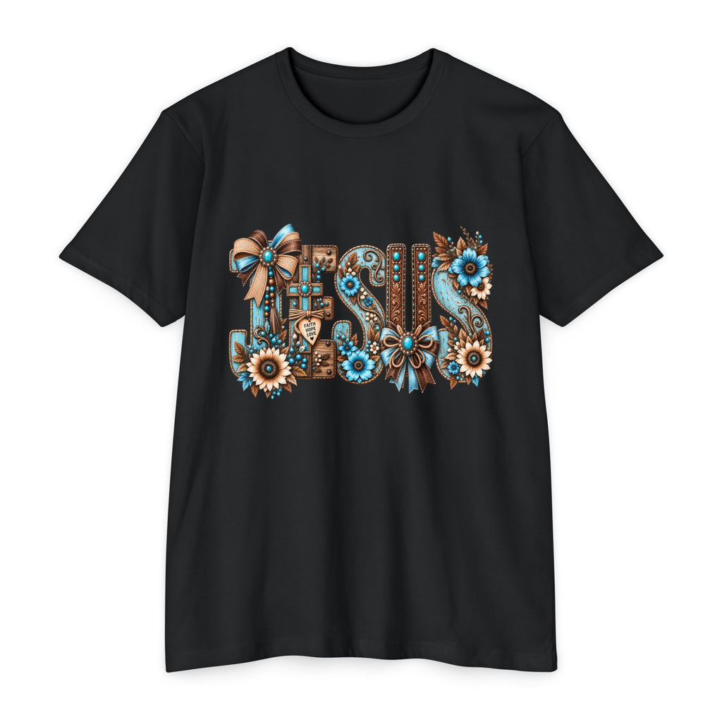 Jesus Floral Typography T-Shirt — Rustic Blue & Brown Christian Tee