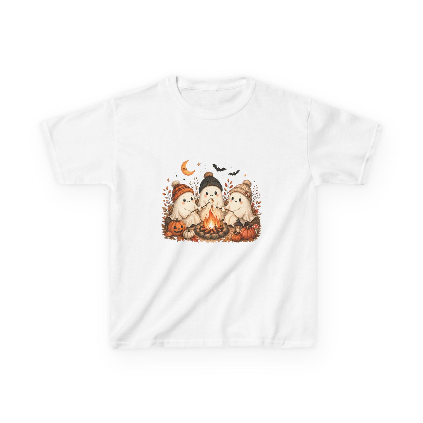 Kids Tee — Cute Halloween Ghosts Campfire Design (Pumpkins, Moon & Bats)