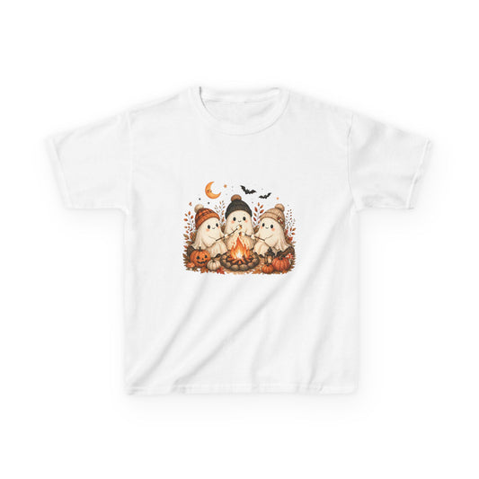 Kids Tee — Cute Halloween Ghosts Campfire Design (Pumpkins, Moon & Bats)