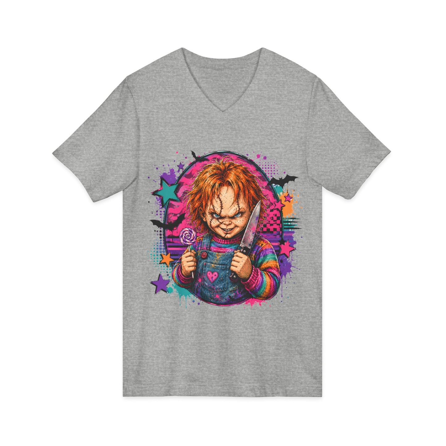 Horror Doll V-Neck Tee — Colorful Creepy Chucky Graphic Shirt