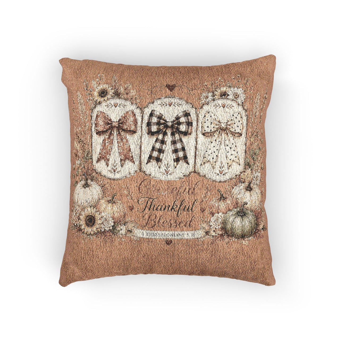 Autumn Woven Pillow - Rustic Harvest Pumpkins & Ribbons Decorative Throw Cushion