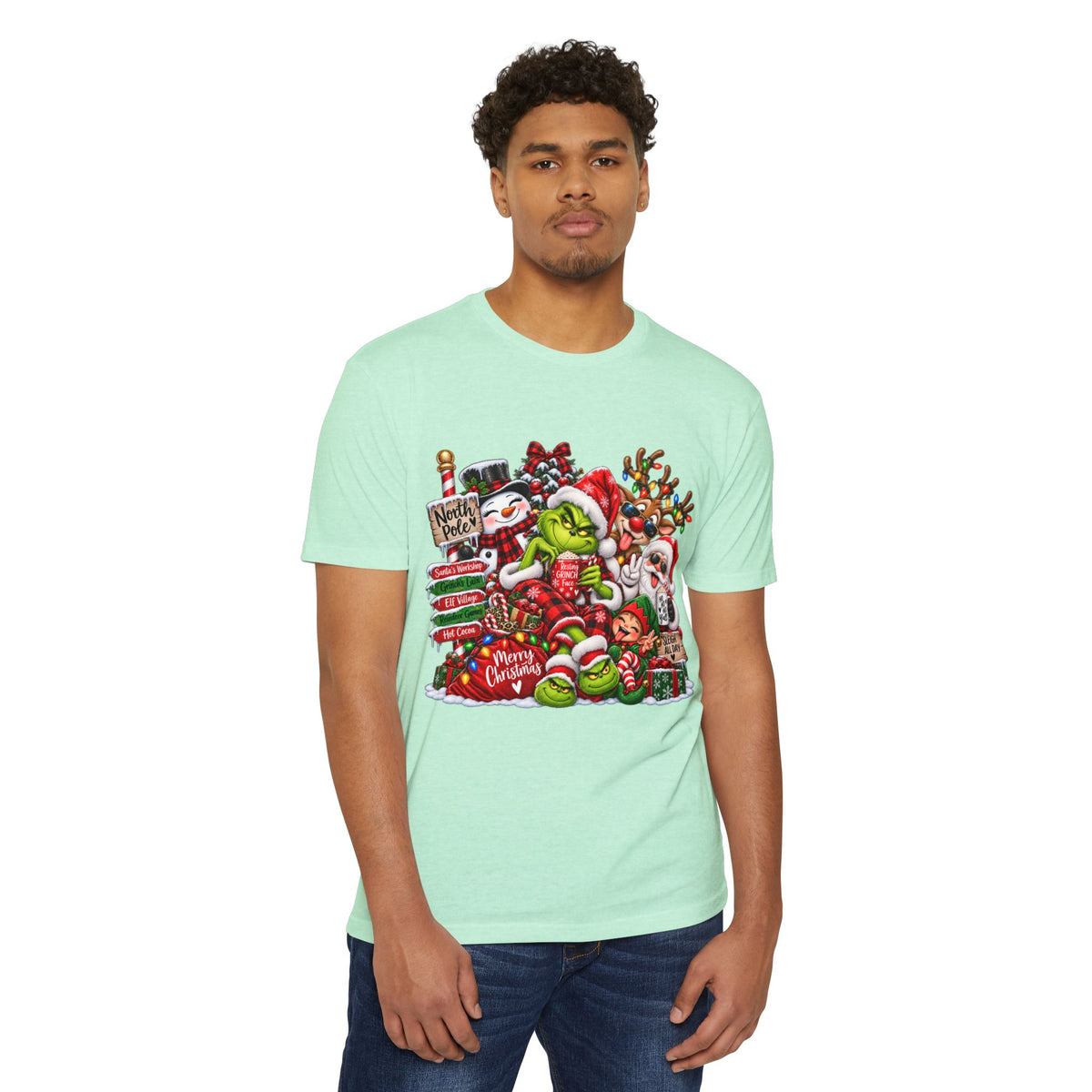 Christmas Grinch Holiday T-Shirt — Festive Santa & Candy Cane Graphic