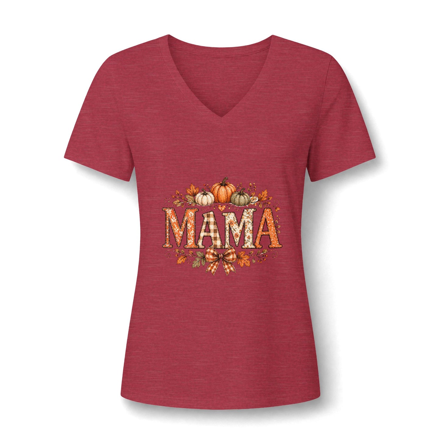 Mama Fall V-Neck Tee — Pumpkin & Autumn Leaves Graphic