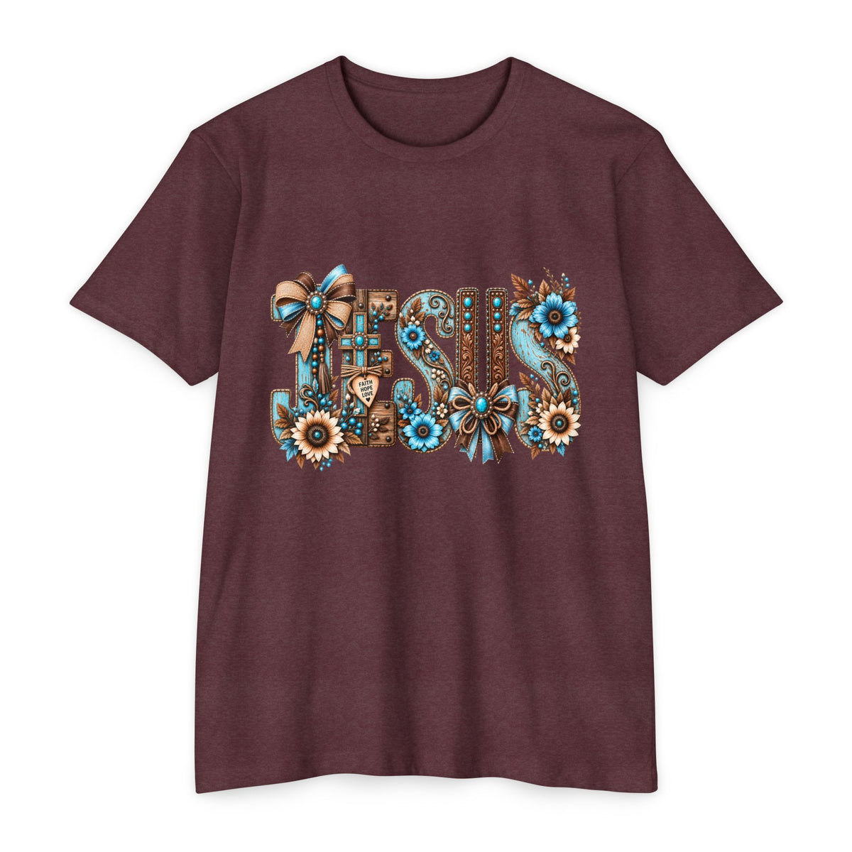 Jesus Floral Typography T-Shirt — Rustic Blue & Brown Christian Tee