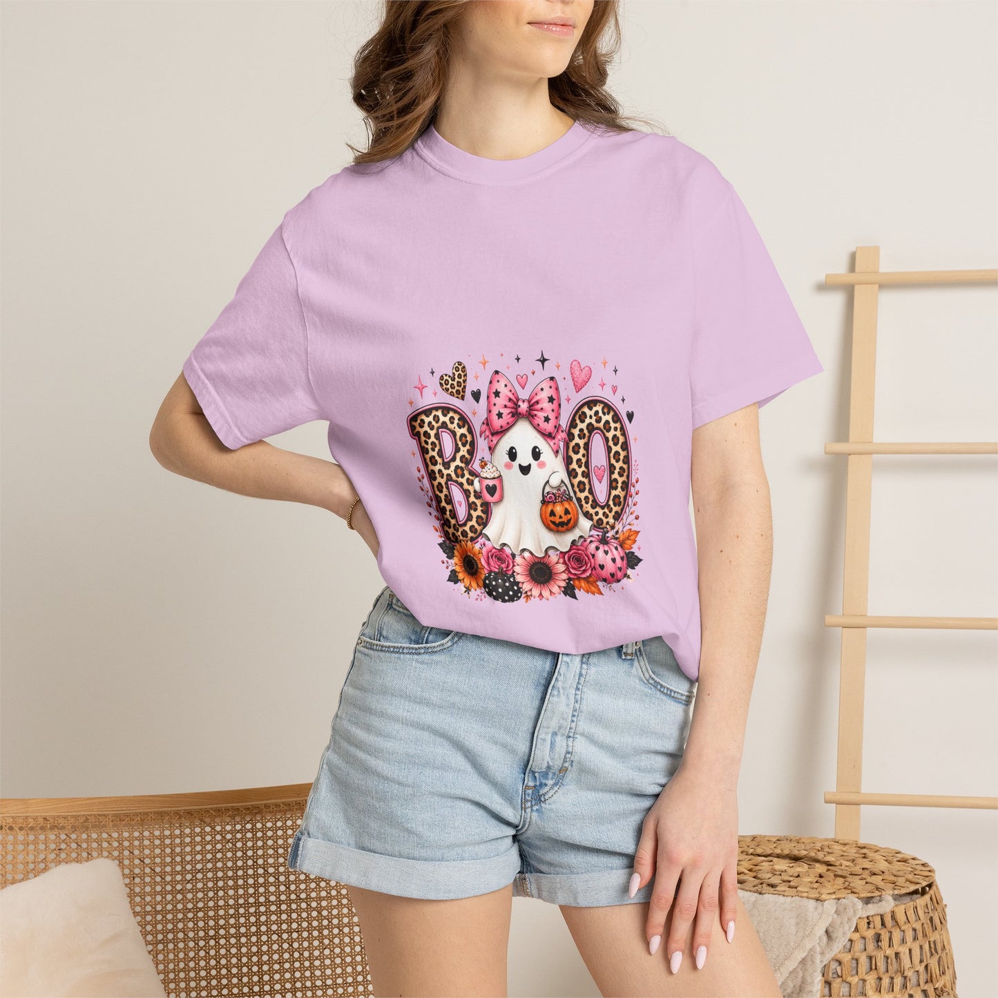 Boo Floral Ghost T-Shirt — Cute Pink Leopard Halloween Tee