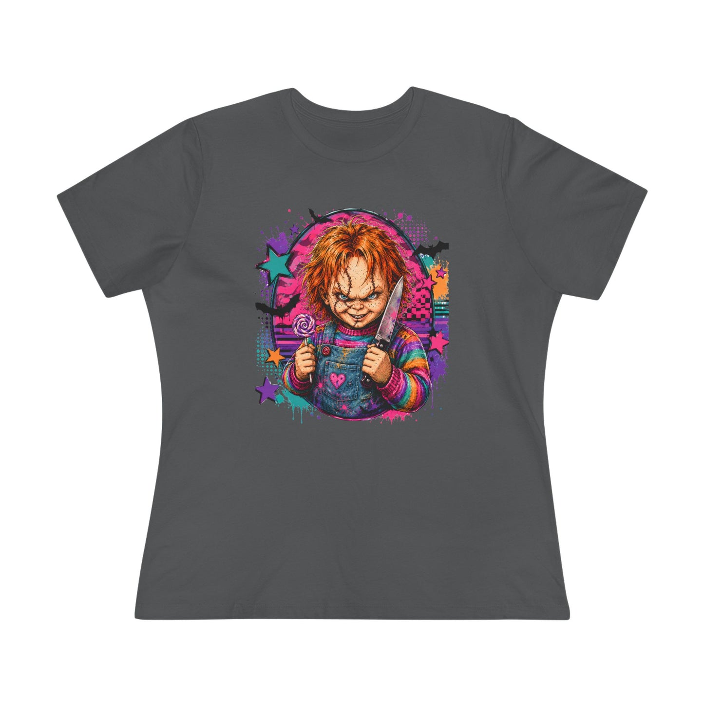 Chucky Horror Graphic Tee — Retro Neon Killer Doll Shirt for Women