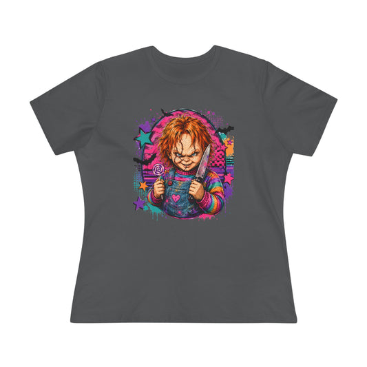 Chucky Horror Graphic Tee — Retro Neon Killer Doll Shirt for Women